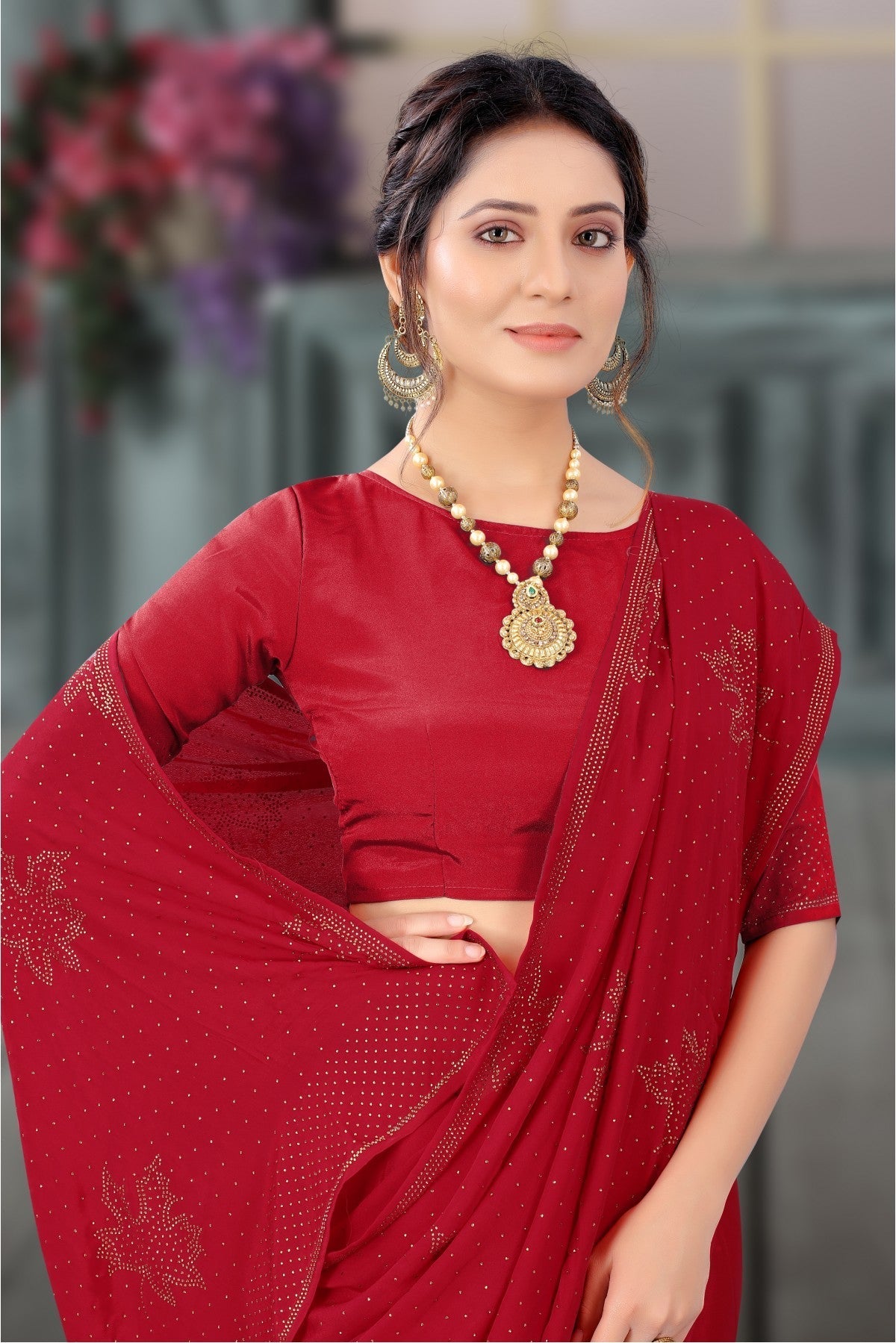 Red Colour Crepe Swarovski Work Saree