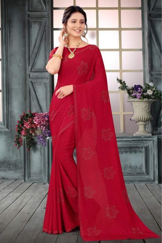 Red Colour Crepe Swarovski Work Saree