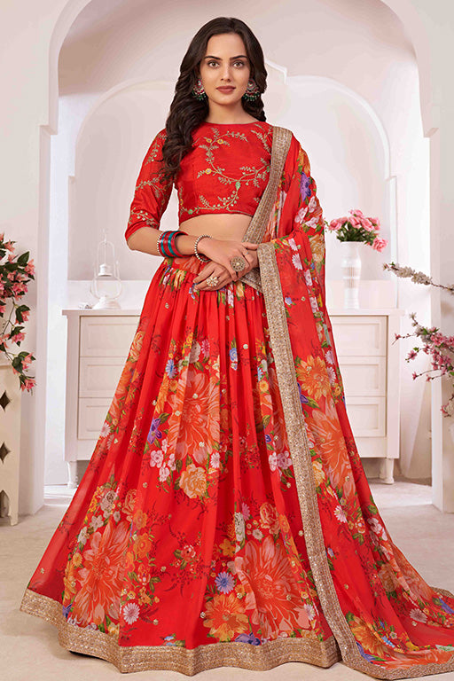 Red Colour Georgette Designer Lehenga Choli