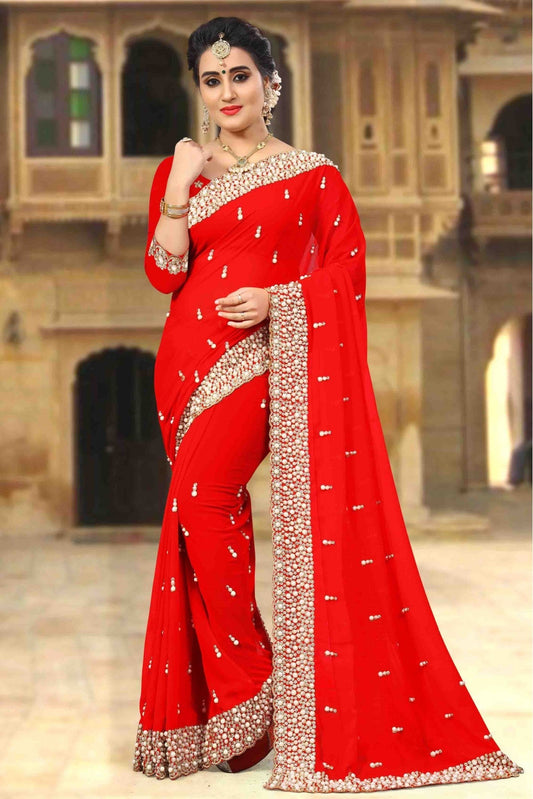 Red Colour Georgette Designer Saree