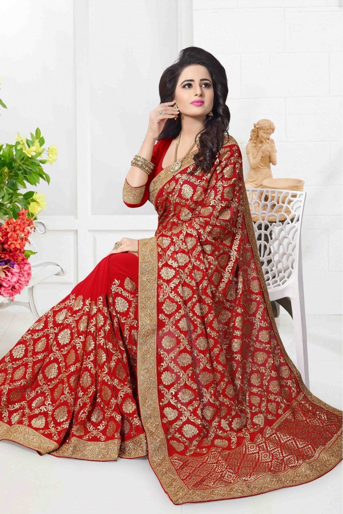 Red Colour Georgette Designer Saree