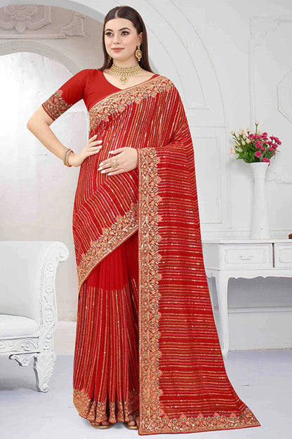 Red Colour Georgette Designer Saree