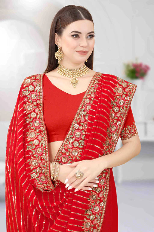 Red Colour Georgette Designer Saree