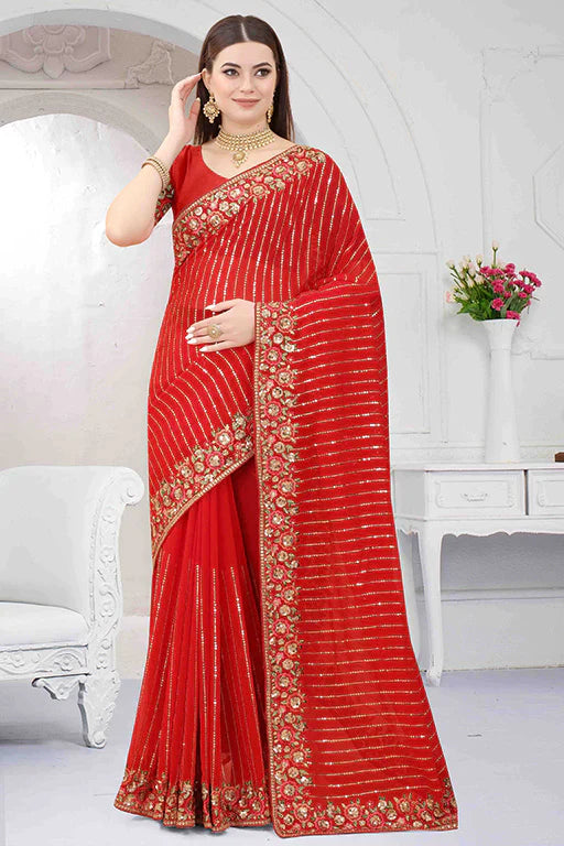 Red Colour Georgette Designer Saree