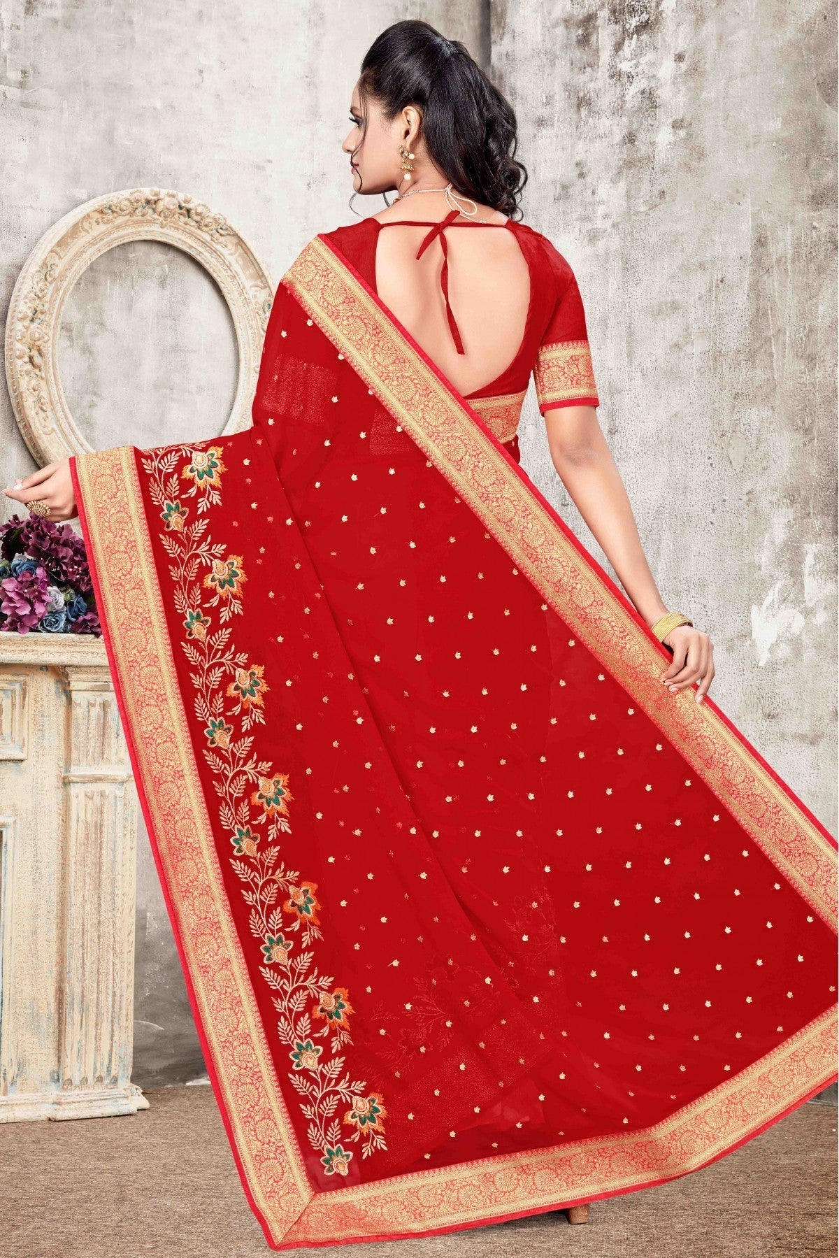 Red Colour Georgette Designer Saree