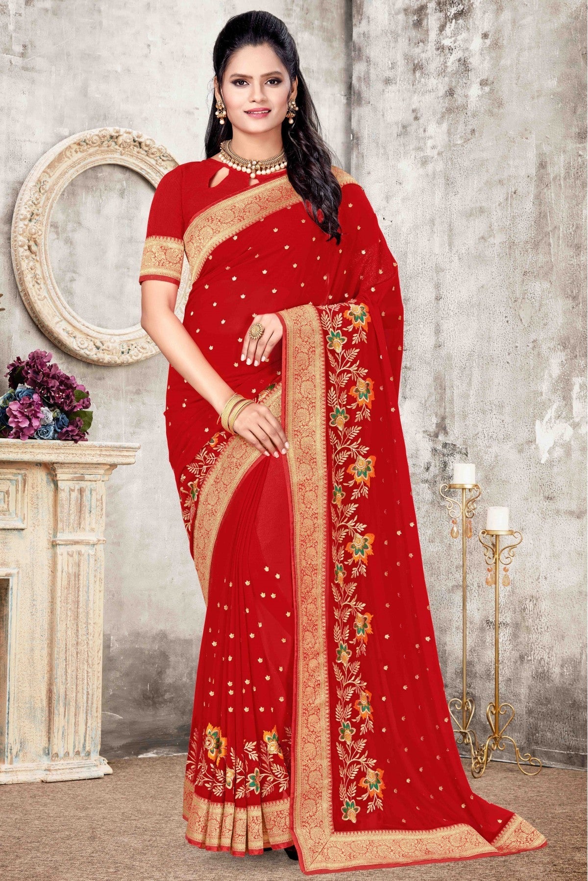 Red Colour Georgette Designer Saree