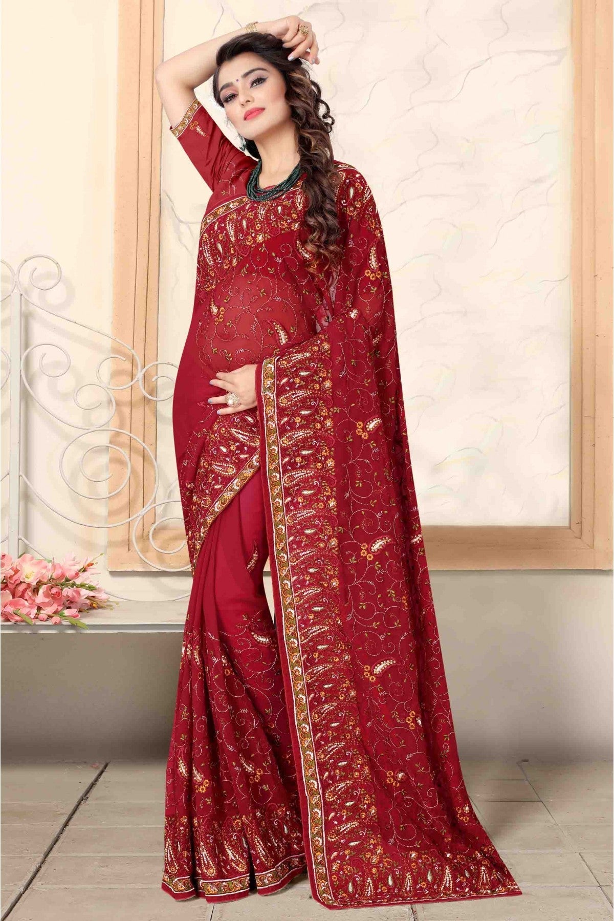 Red Colour Georgette Designer Saree