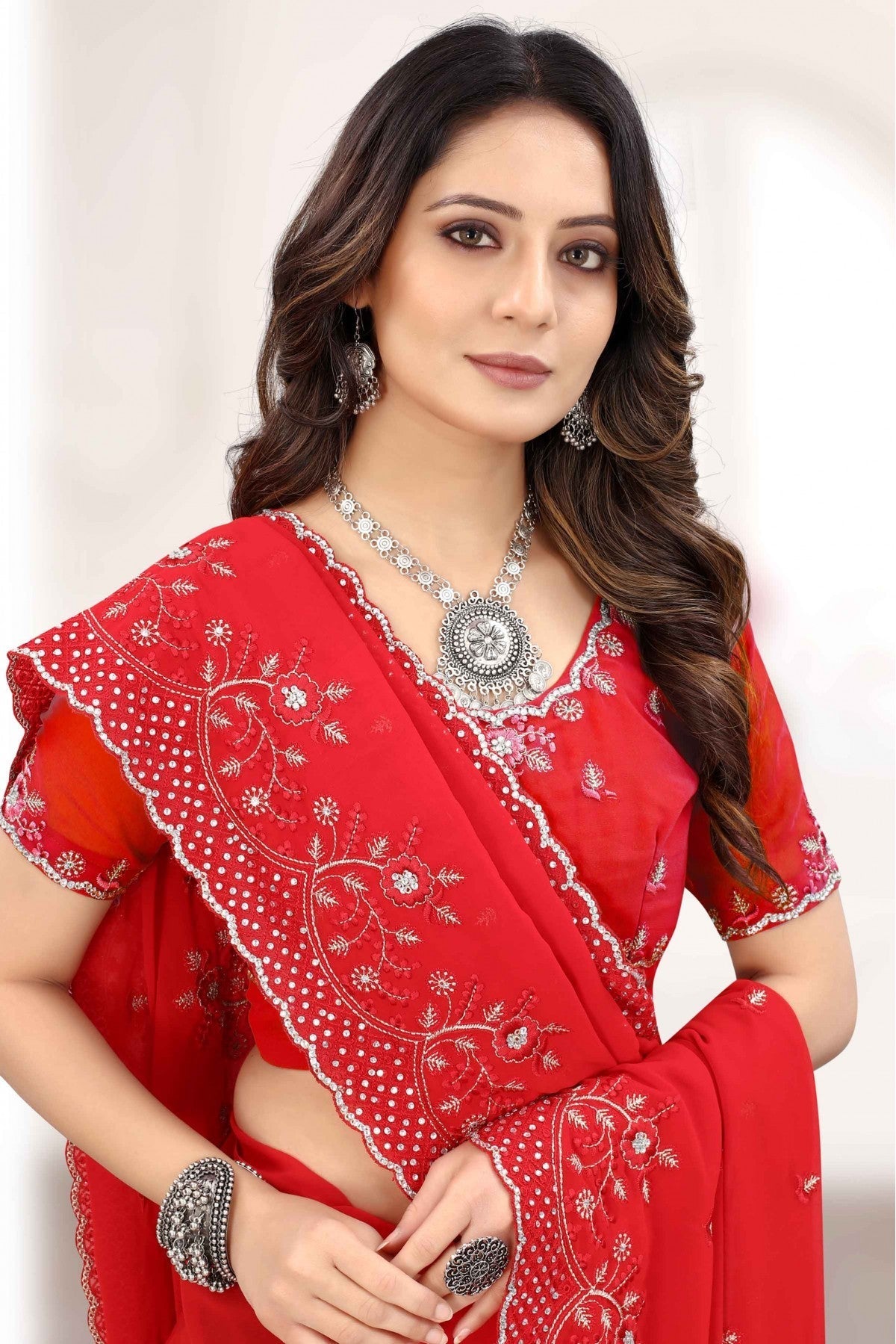 Red Colour Georgette Designer Saree