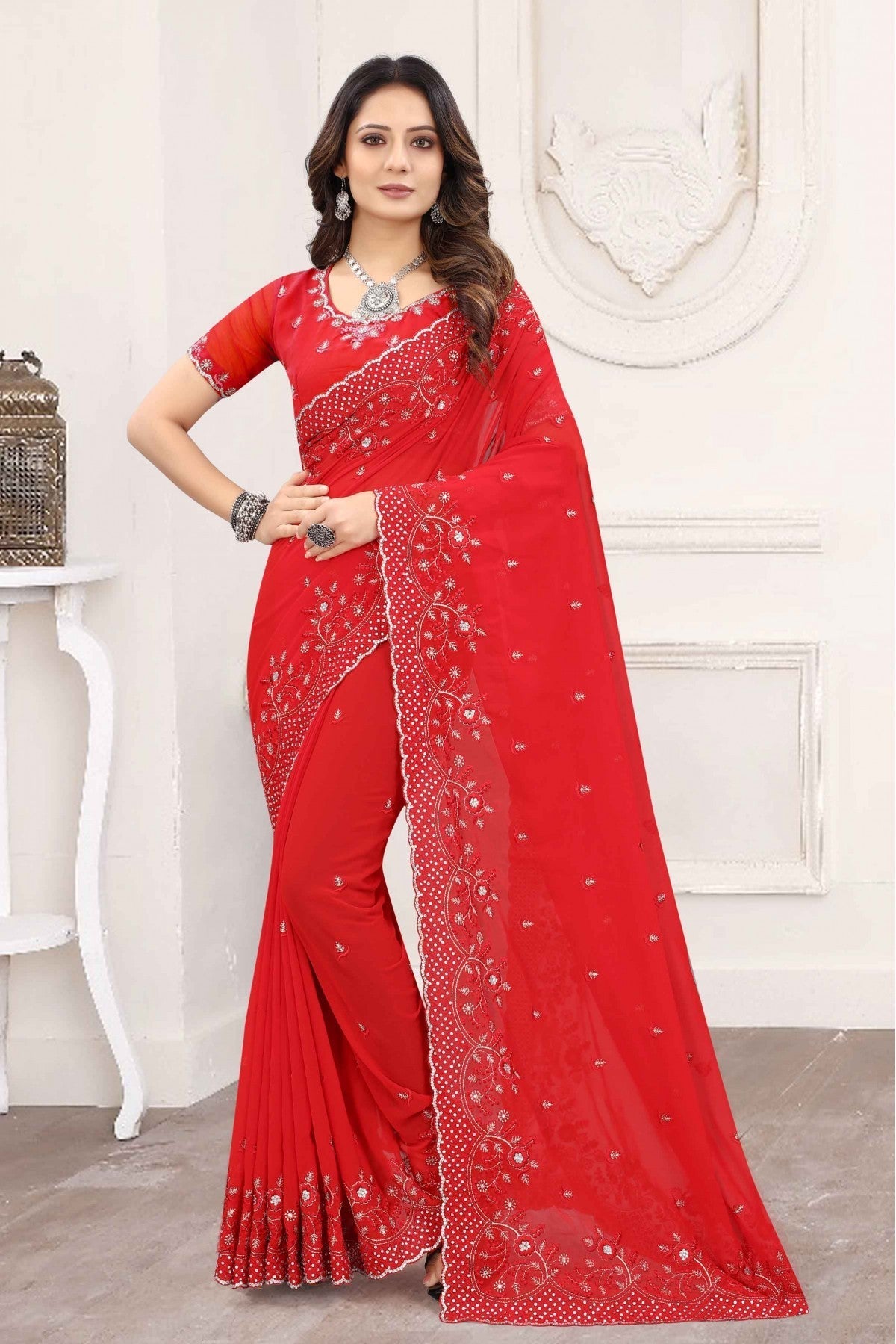 Red Colour Georgette Designer Saree