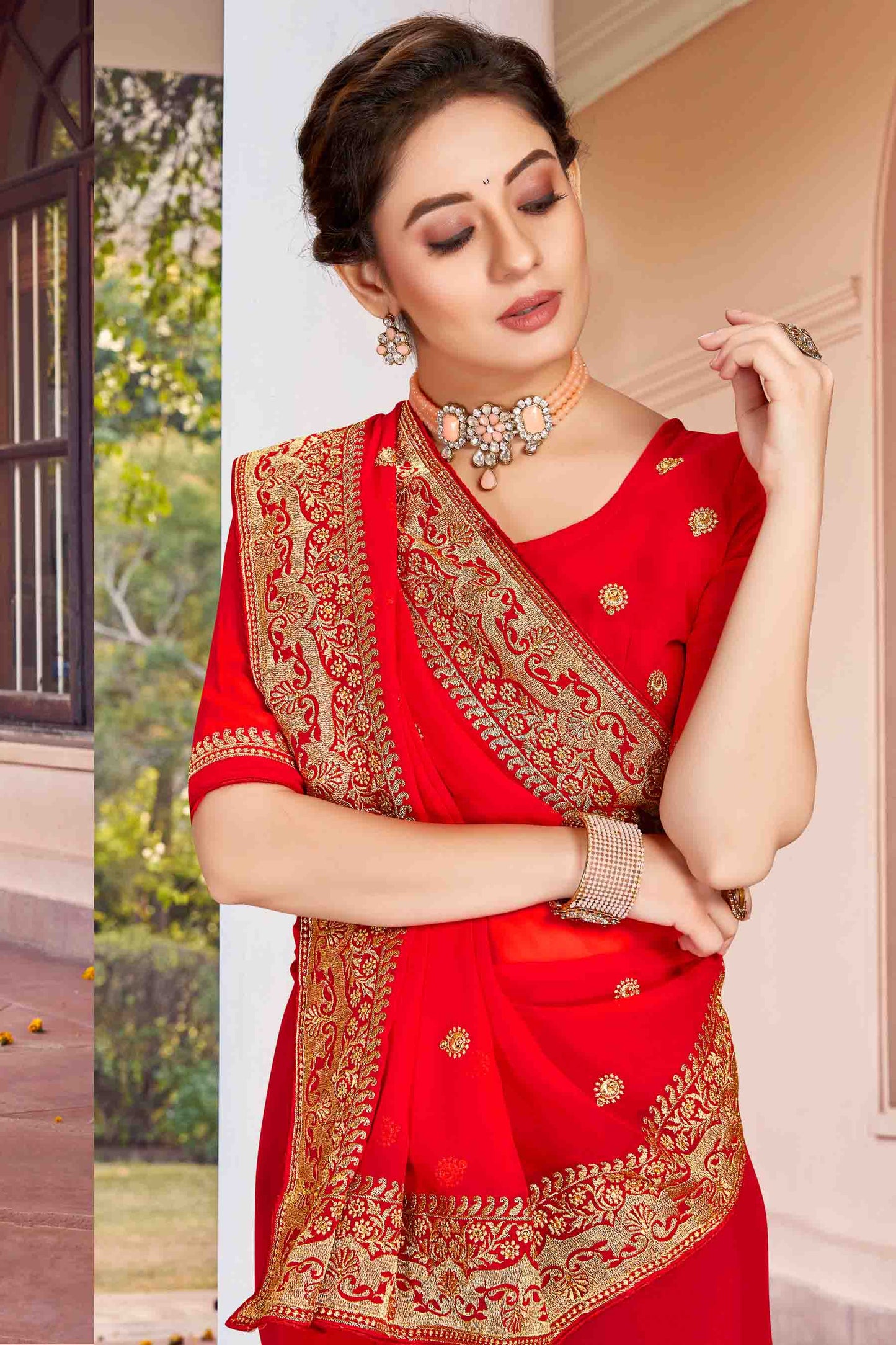 Red Colour Georgette Designer Saree