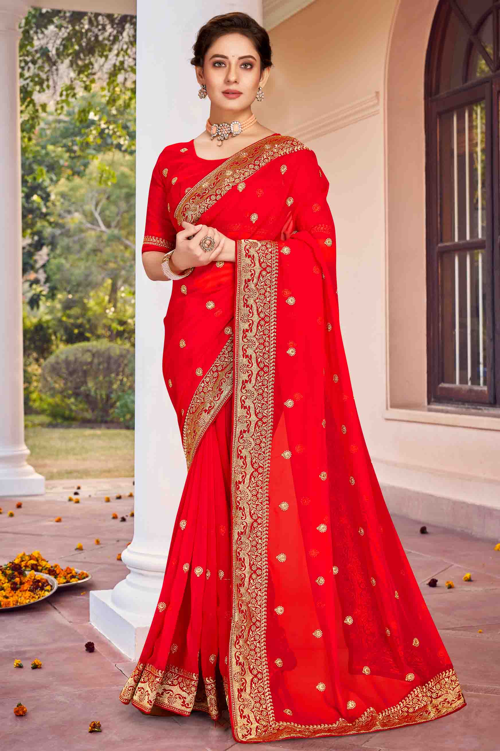 Red Colour Georgette Designer Saree