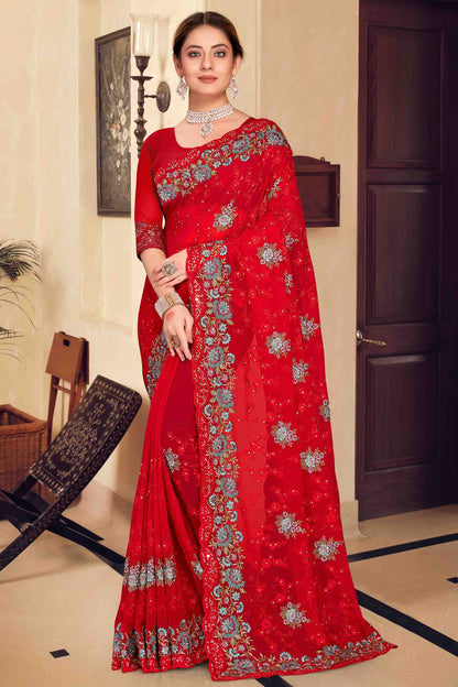 Red Colour Georgette Designer Saree