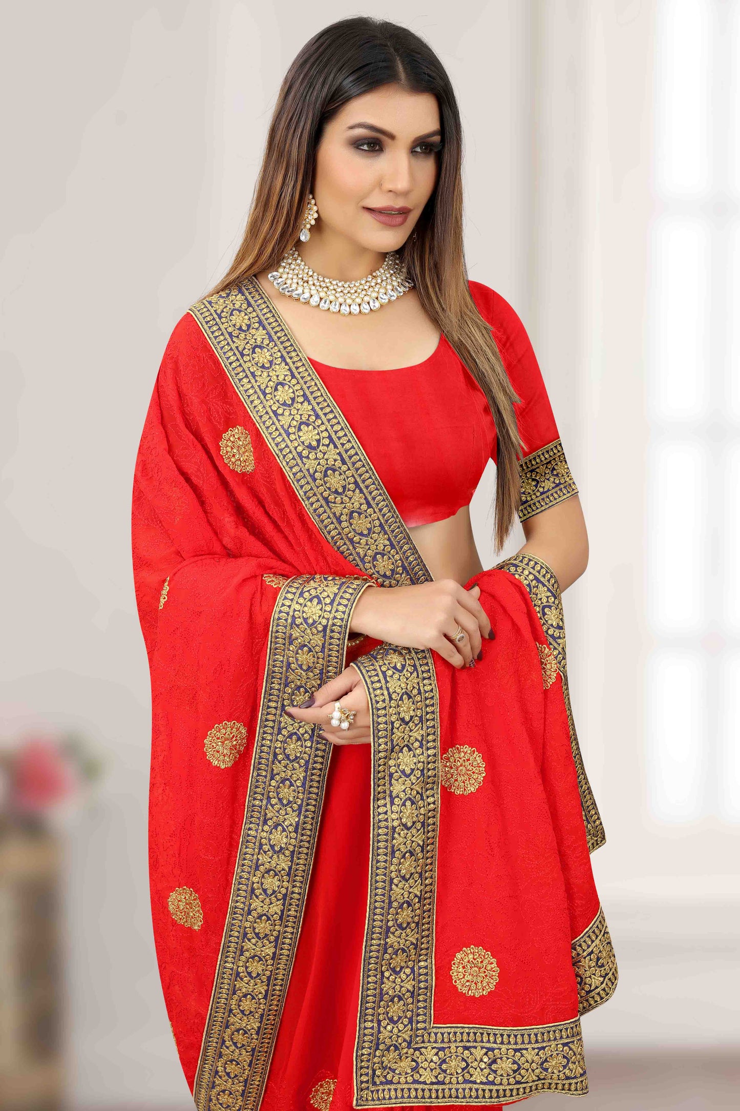 Red Colour Georgette Designer Saree