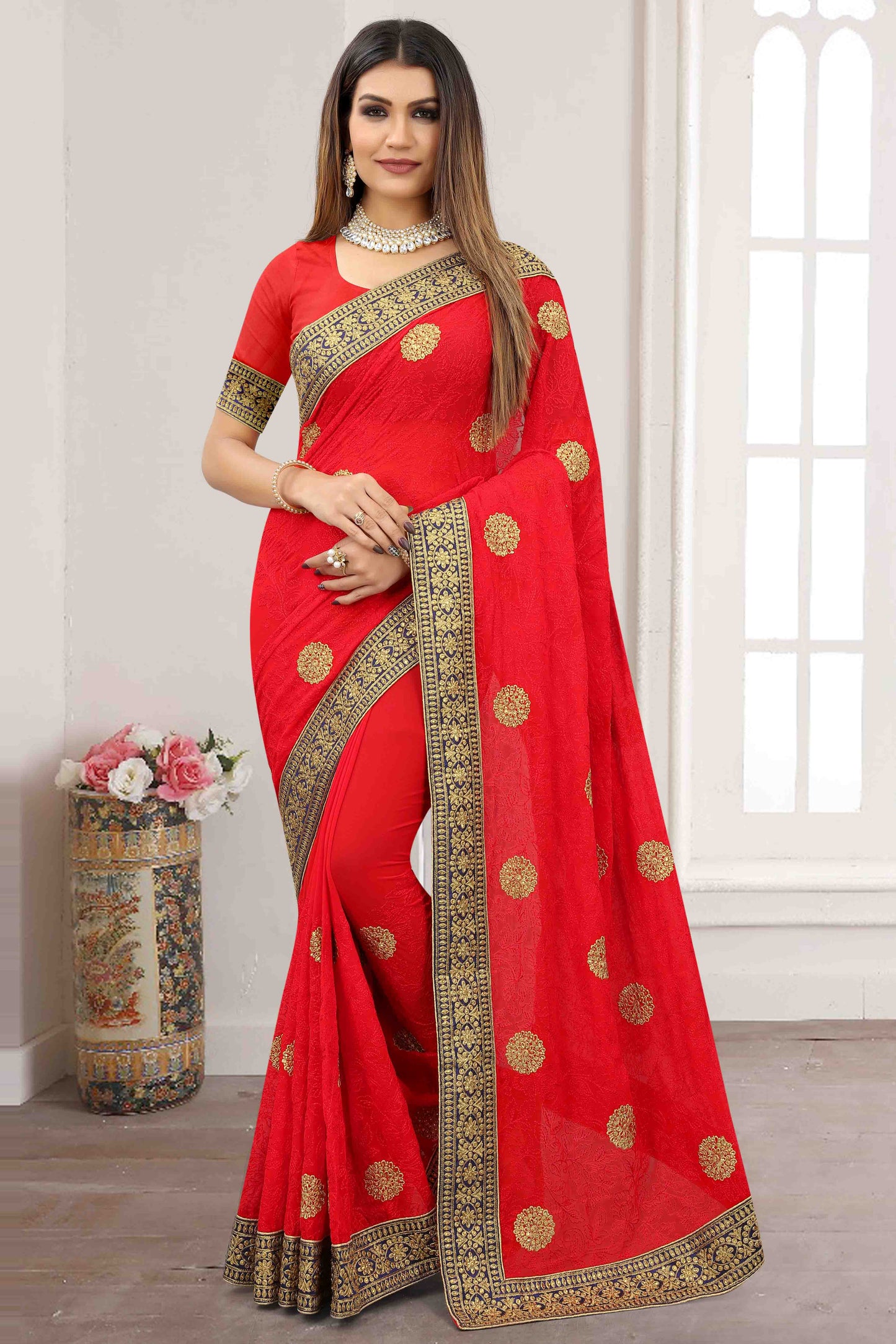 Red Colour Georgette Designer Saree