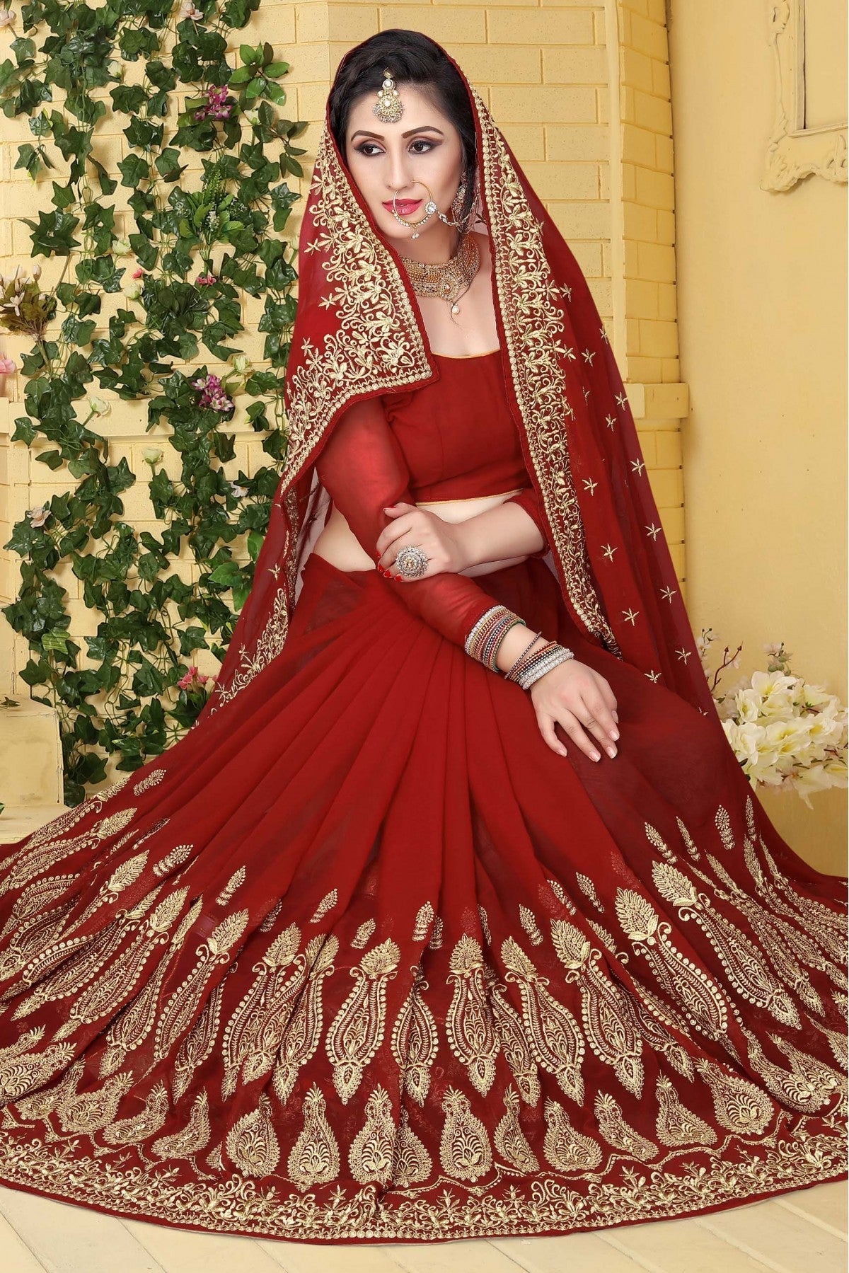 Red Colour Georgette Embroidered Saree