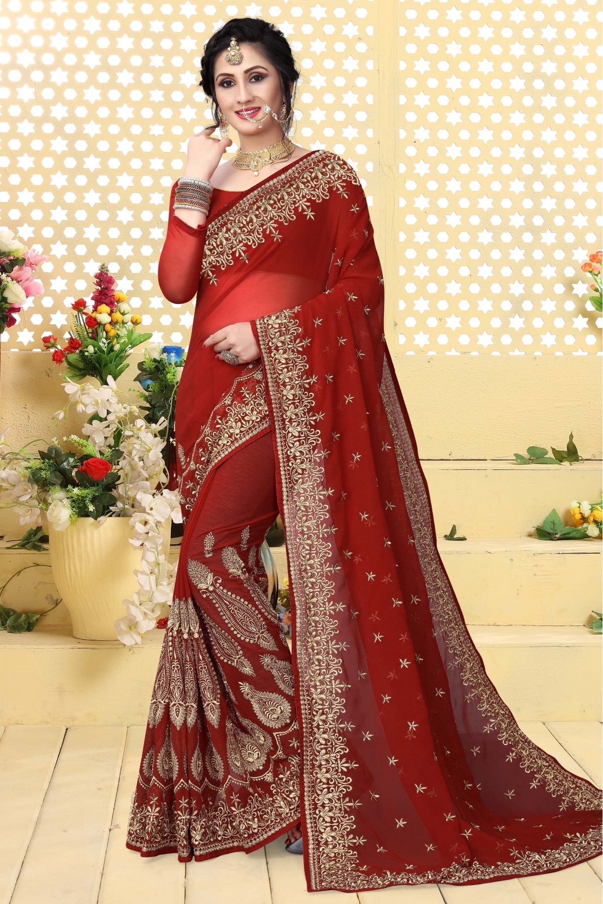 Red Colour Georgette Embroidered Saree