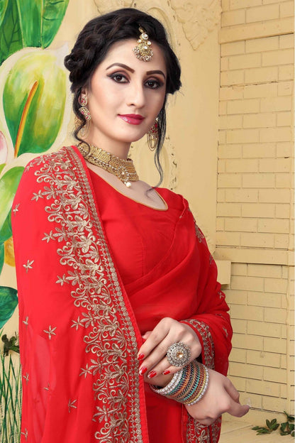 Red Colour Georgette Embroidered Saree