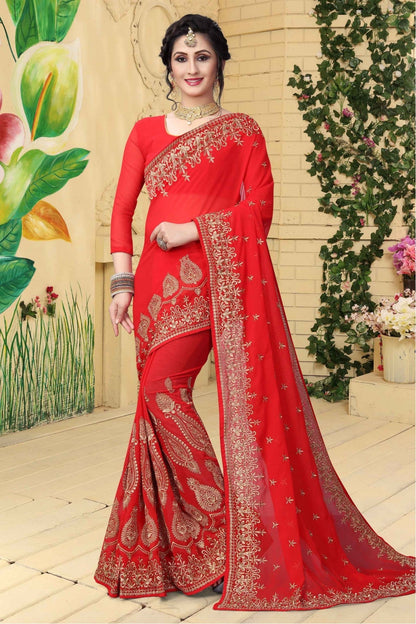 Red Colour Georgette Embroidered Saree