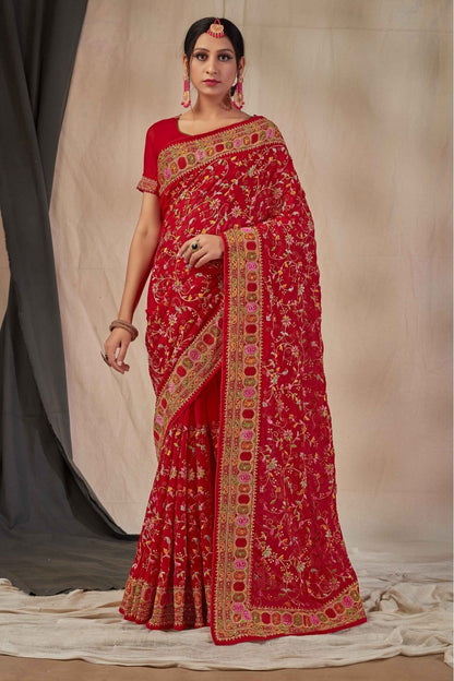 Red Colour Georgette Embroidery Saree