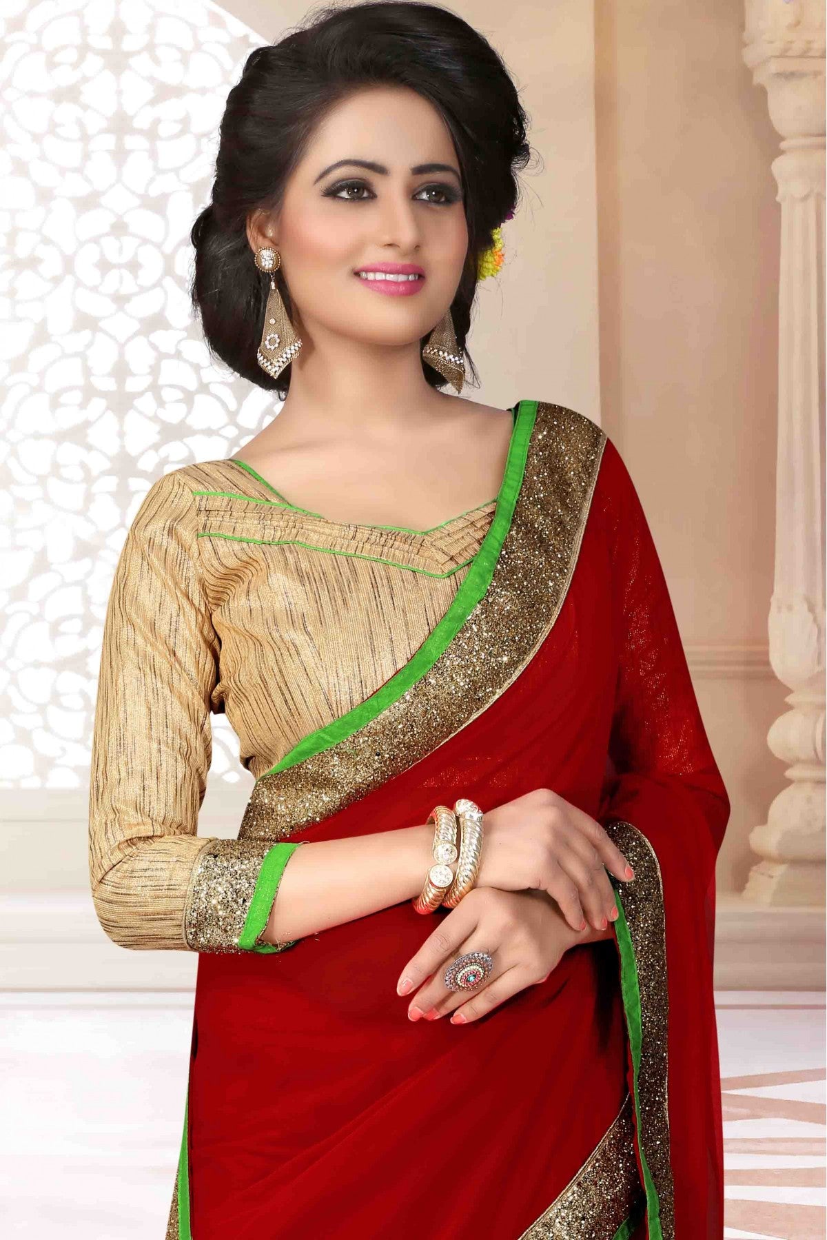 Red Colour Georgette Lace Work Saree