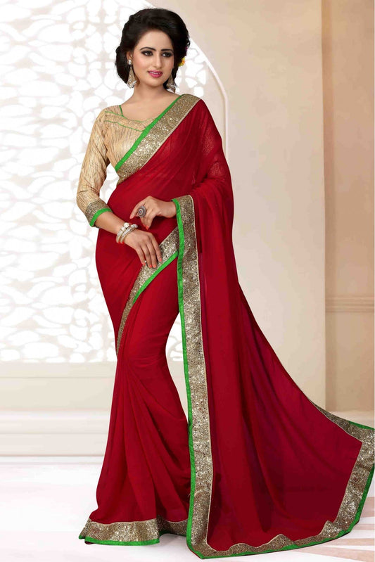 Red Colour Georgette Lace Work Saree