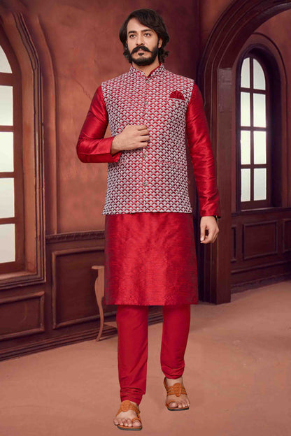 Red Colour Kurta Pajama With Jacket In Art Silk