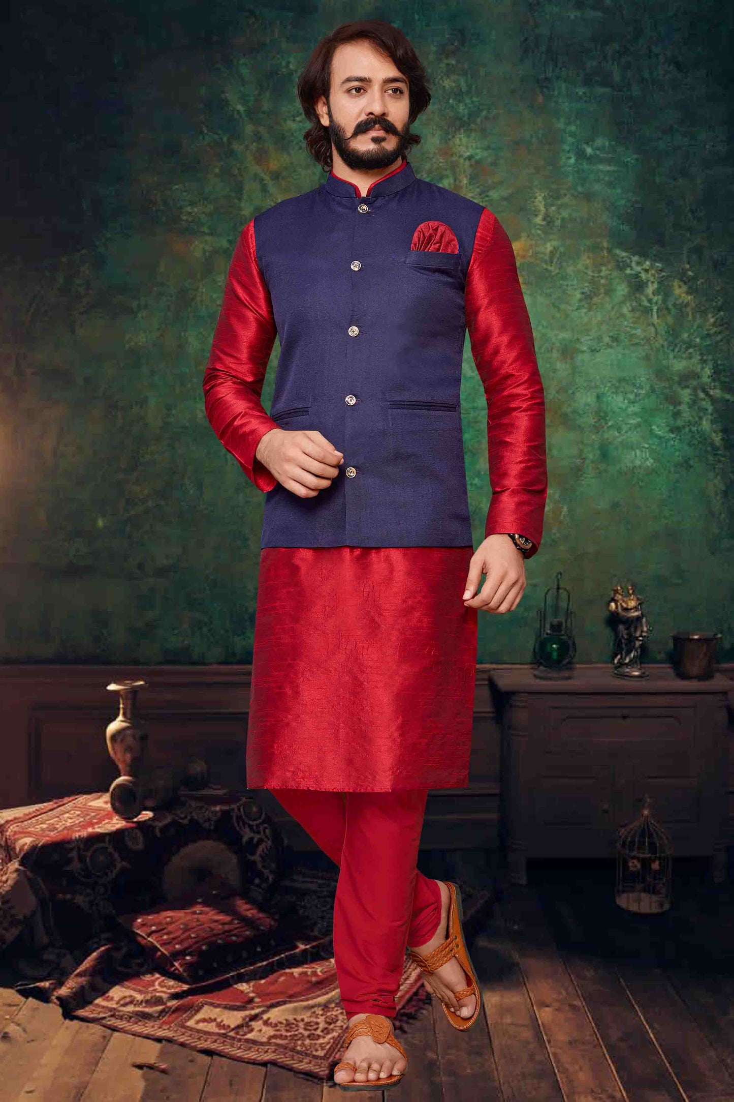 Red Colour Kurta Pajama With Jacket In Art Silk