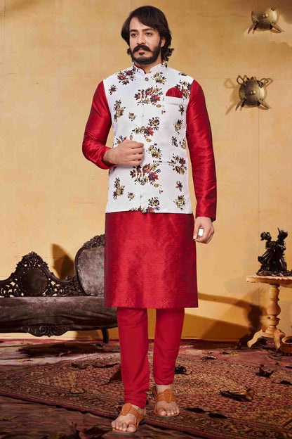 Red Colour Kurta Pajama With Jacket In Art Silk