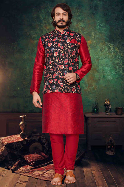 Red Colour Kurta Pajama With Jacket In Art Silk