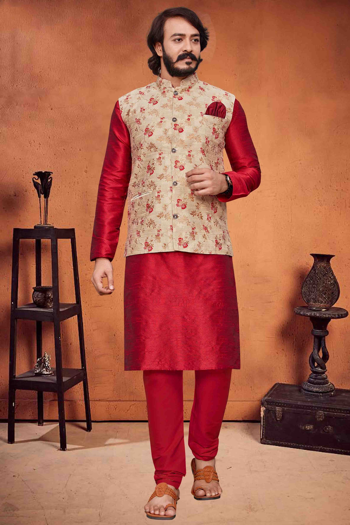 Red Colour Kurta Pajama With Jacket In Art Silk