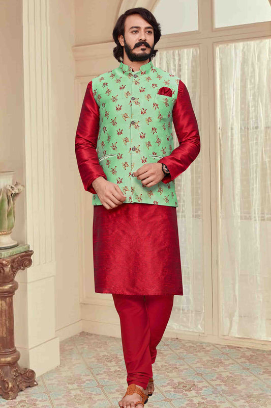 Red Colour Kurta Pajama With Jacket In Art Silk