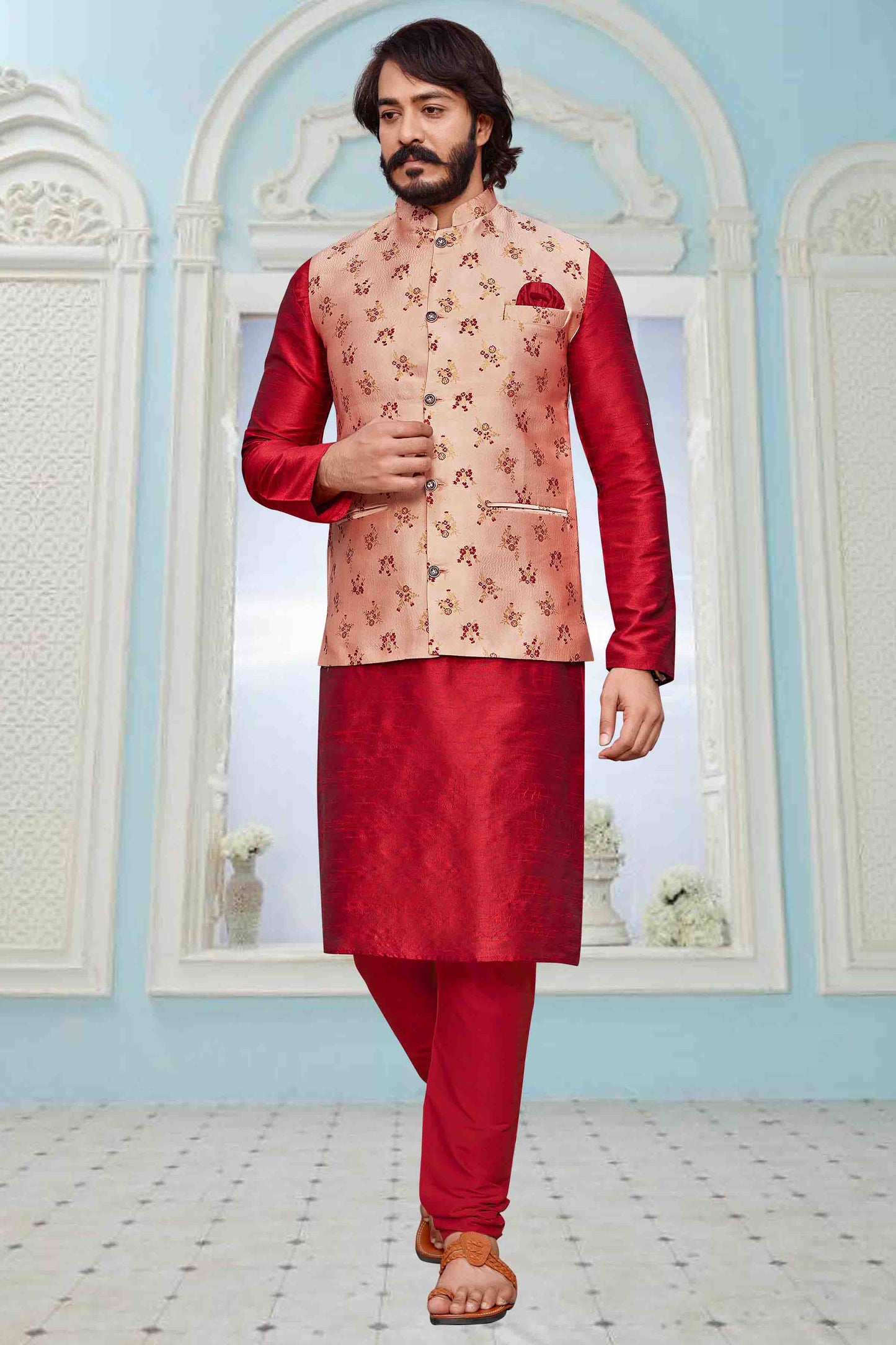 Red Colour Kurta Pajama With Jacket In Art Silk