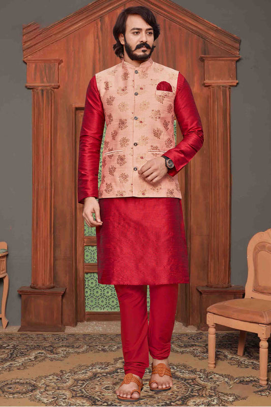 Red Colour Kurta Pajama With Jacket In Art Silk