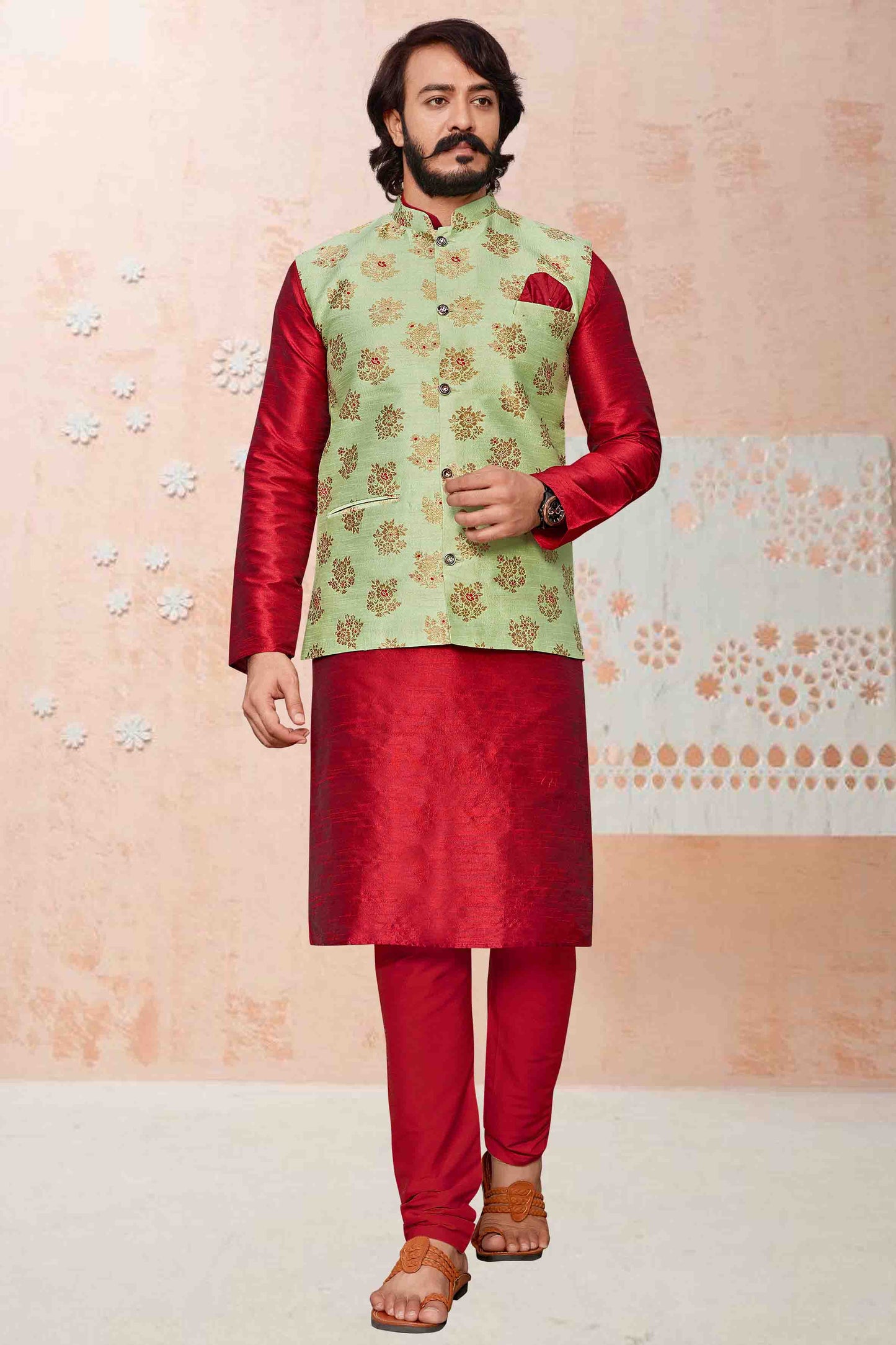 Red Colour Kurta Pajama With Jacket In Art Silk