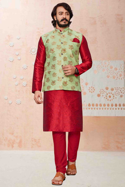 Red Colour Kurta Pajama With Jacket In Art Silk