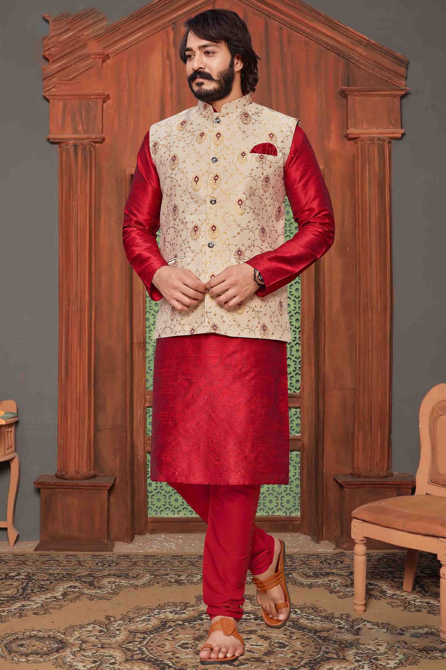 Red Colour Kurta Pajama With Jacket In Fancy Silk