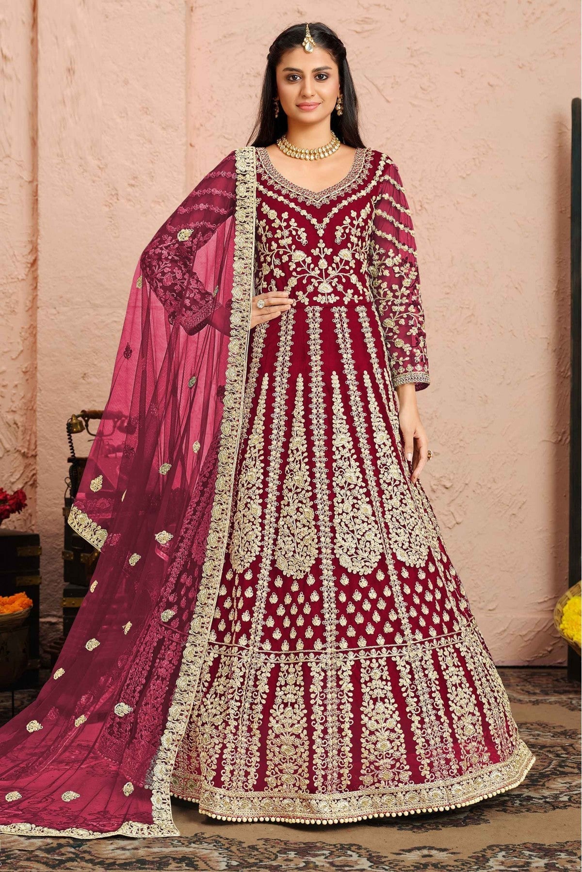 Red Colour Net Anarkali Suit