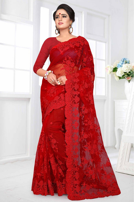 Red Colour Net Designer Saree