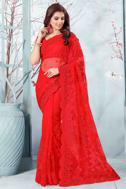 Red Colour Net Designer Saree