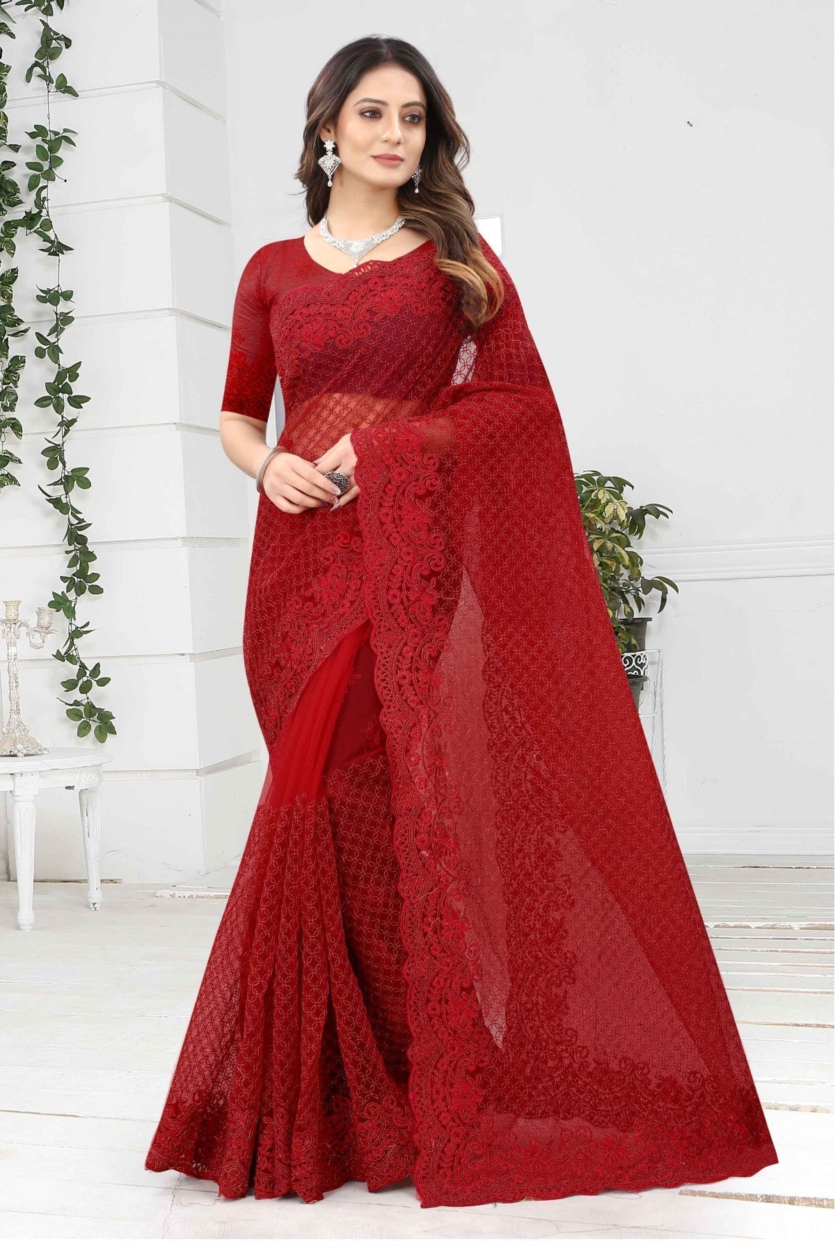 Red Colour Net Designer Saree