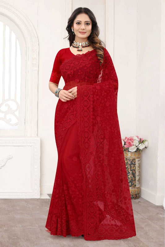 Red Colour Net Designer Saree