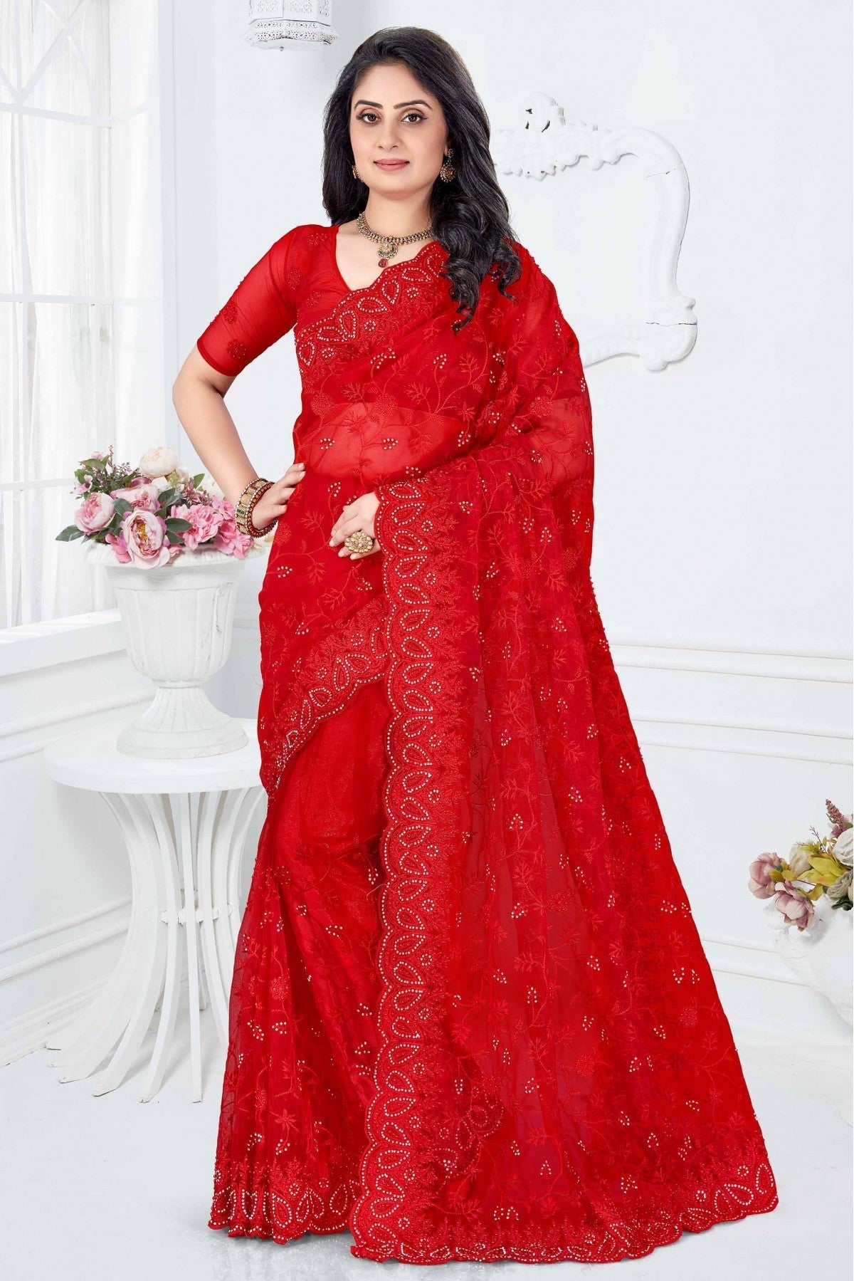 Red Colour Net Designer Saree