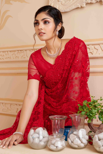 Red Colour Net Designer Saree