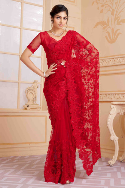 Red Colour Net Designer Saree