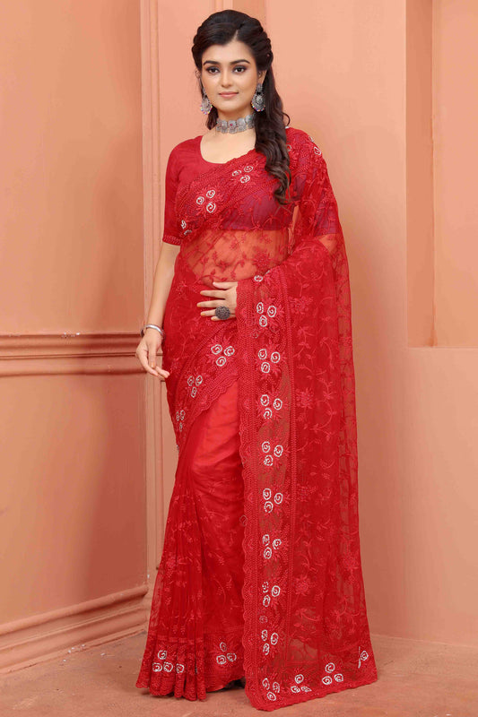 Red Colour Net Designer Saree