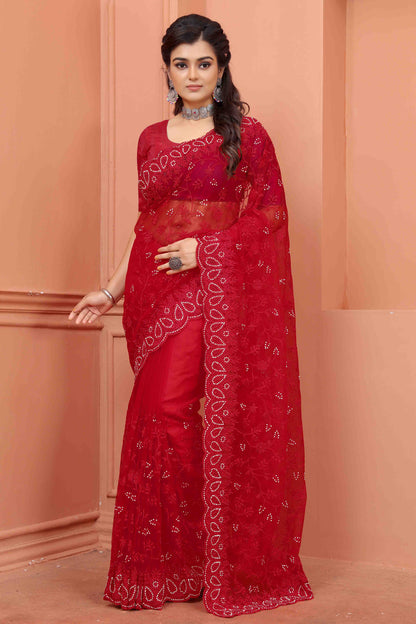 Red Colour Net Designer Saree