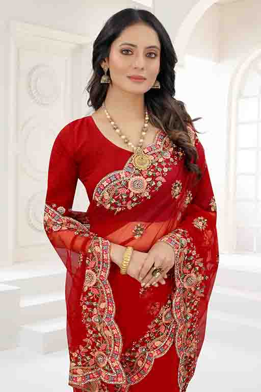 Red Colour Net Designer Saree