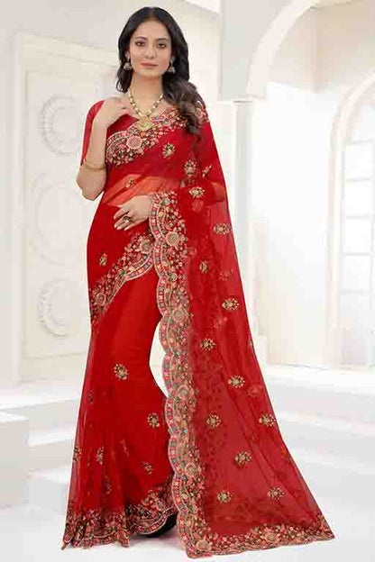 Red Colour Net Designer Saree