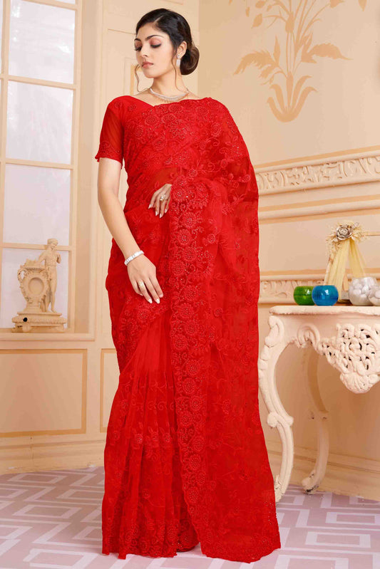 Red Colour Net Designer Saree