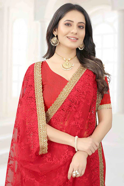 Red Colour Net Designer Saree